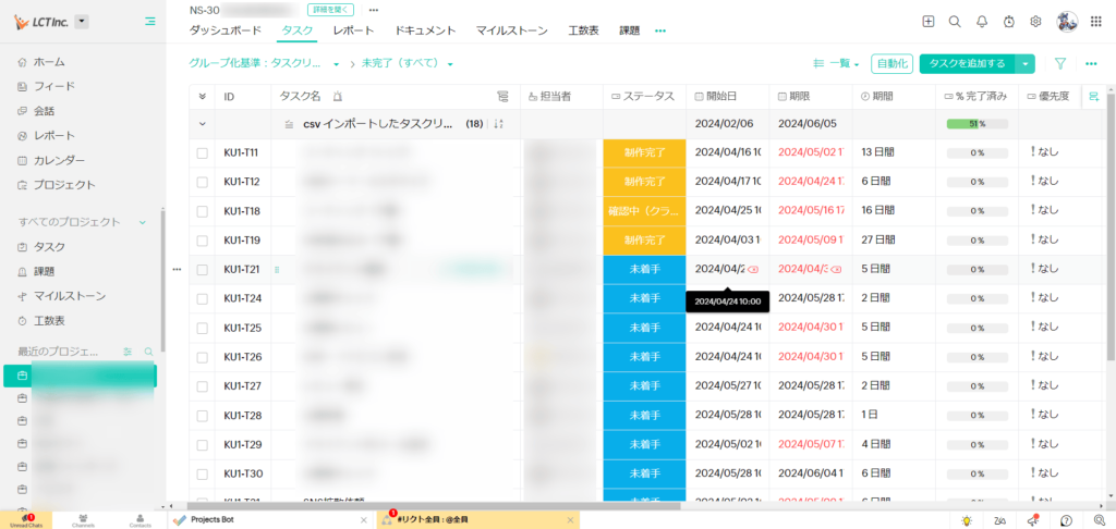Zoho Projectsのタスク管理画面