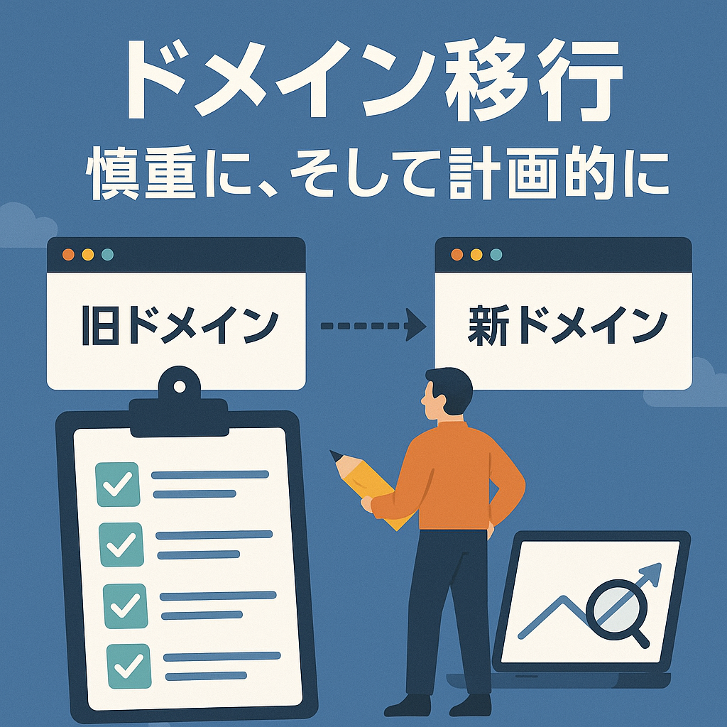 「ドメイン移行 慎重に、そして計画的に」という日本語テキストが中央上部に配置されたイラスト。左側に「旧ドメイン」、右側に「新ドメイン」と書かれたブラウザ風のウィンドウがあり、矢印で接続されている。中央下にはチェックリストと、鉛筆を持ってそれを確認する男性のキャラクター、右下にはグラフを表示したノートパソコンのアイコンが描かれている。全体は青を基調としたフラットデザイン。
