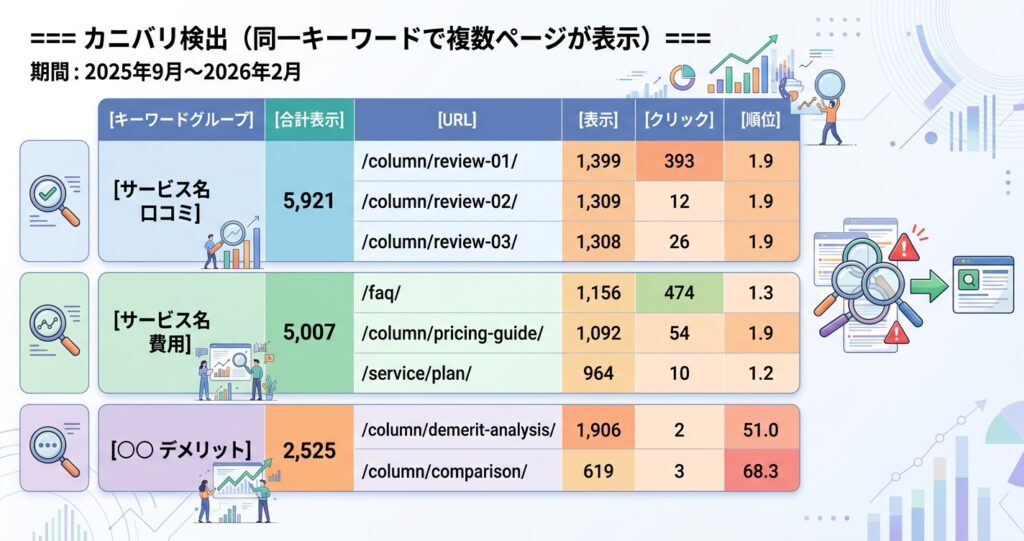 Claude Codeが同じ検索キーワードで複数ページが表示されているカニバリを検出した出力画面。1つのキーワードに対して複数のページが並んでいる