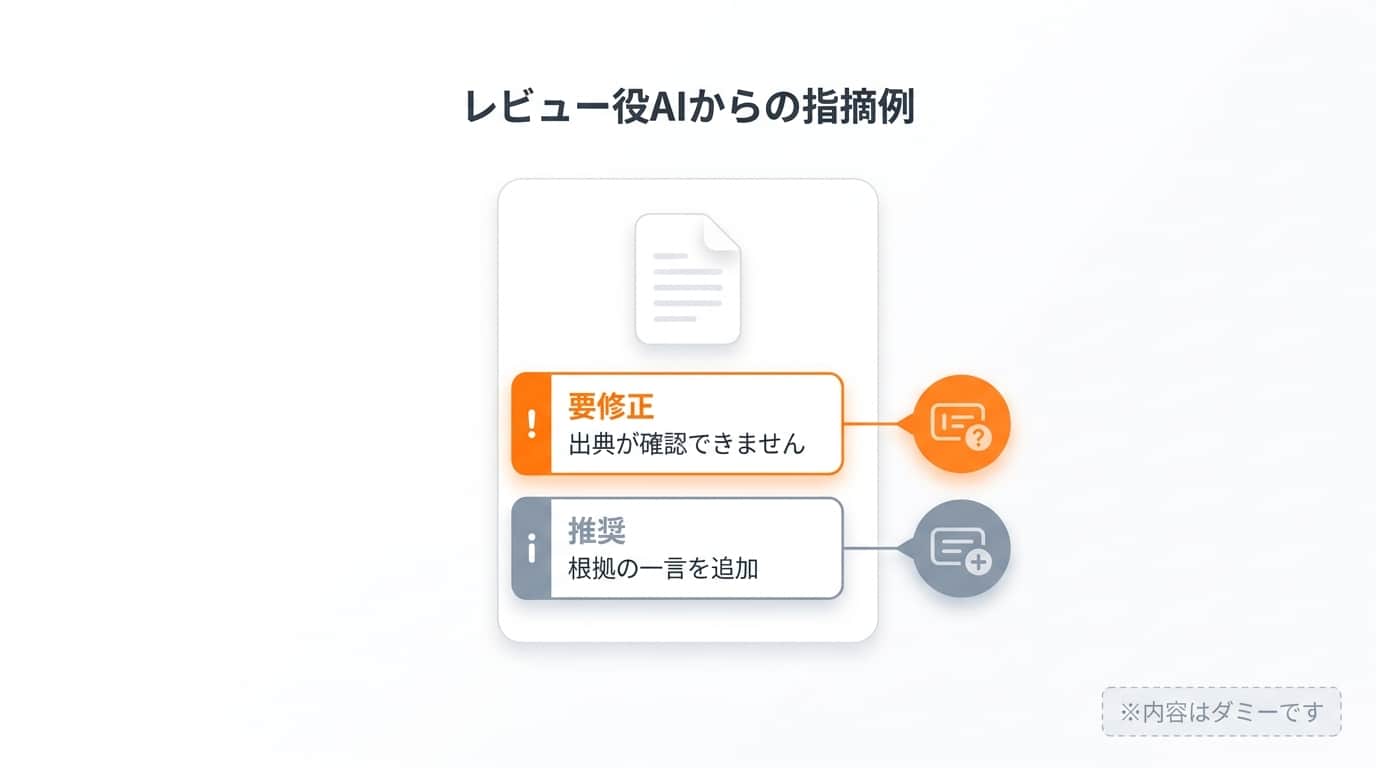 レビュー役AIからの指摘例を示す図。要修正と推奨の2段階でダミーの指摘内容を表示している。